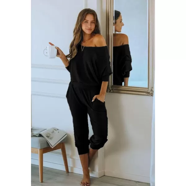 PRETTYGARDEN Womens 2 Piece Ribbed Tracksuit Outfits Off Shoulder Long Sleeve Pullover Lounge Pants with PocketsBlack