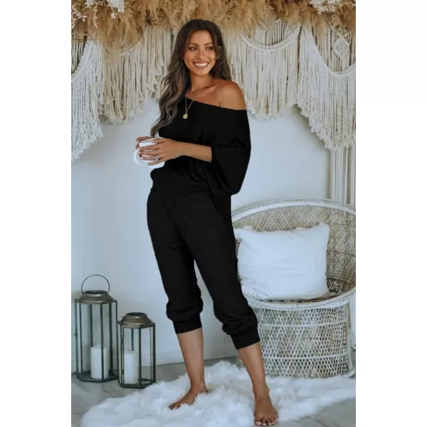 PRETTYGARDEN Womens 2 Piece Ribbed Tracksuit Outfits Off Shoulder Long Sleeve Pullover Lounge Pants with PocketsBlack