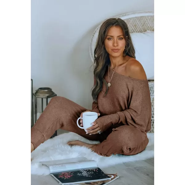 PRETTYGARDEN Womens 2 Piece Ribbed Tracksuit Outfits Off Shoulder Long Sleeve Pullover Lounge Pants with PocketsCoffee