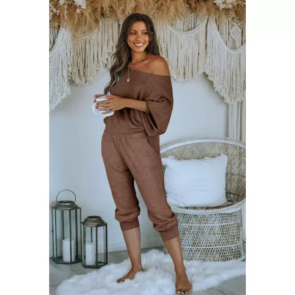 PRETTYGARDEN Womens 2 Piece Ribbed Tracksuit Outfits Off Shoulder Long Sleeve Pullover Lounge Pants with PocketsCoffee
