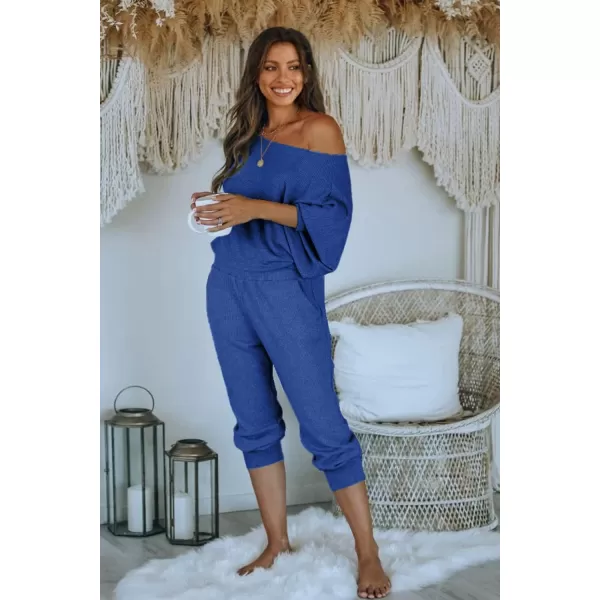 PRETTYGARDEN Womens 2 Piece Ribbed Tracksuit Outfits Off Shoulder Long Sleeve Pullover Lounge Pants with PocketsDark Blue