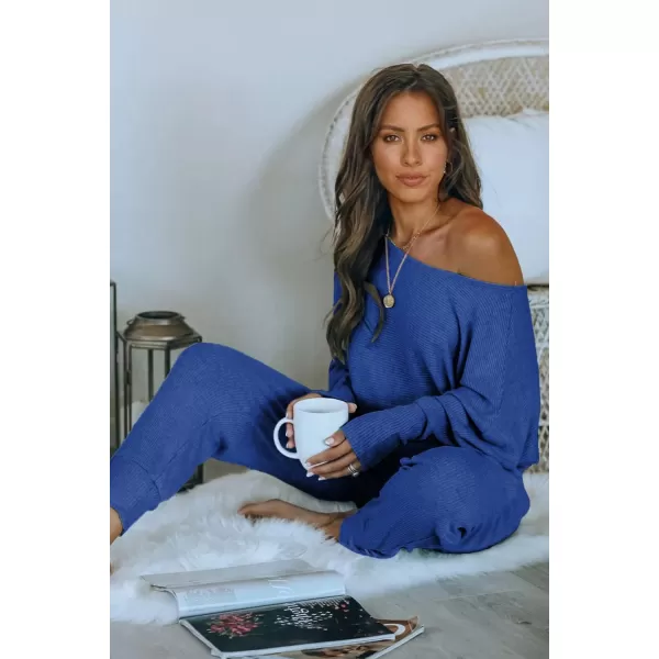 PRETTYGARDEN Womens 2 Piece Ribbed Tracksuit Outfits Off Shoulder Long Sleeve Pullover Lounge Pants with PocketsDark Blue