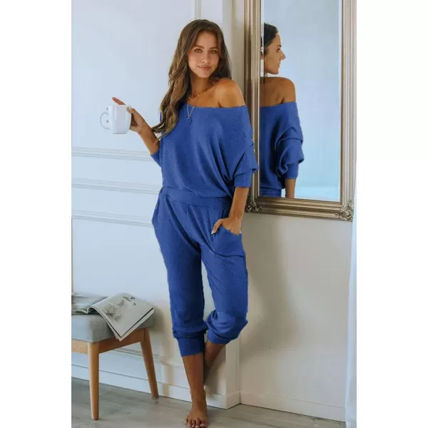 PRETTYGARDEN Womens 2 Piece Ribbed Tracksuit Outfits Off Shoulder Long Sleeve Pullover Lounge Pants with PocketsDark Blue