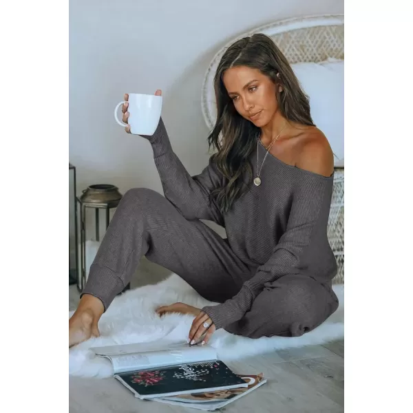 PRETTYGARDEN Womens 2 Piece Ribbed Tracksuit Outfits Off Shoulder Long Sleeve Pullover Lounge Pants with PocketsDark Grey