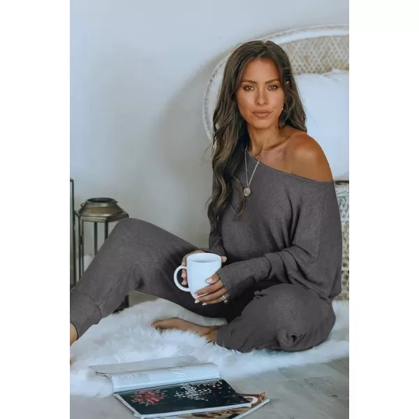 PRETTYGARDEN Womens 2 Piece Ribbed Tracksuit Outfits Off Shoulder Long Sleeve Pullover Lounge Pants with PocketsDark Grey