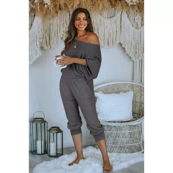 PRETTYGARDEN Womens 2 Piece Ribbed Tracksuit Outfits Off Shoulder Long Sleeve Pullover Lounge Pants with PocketsDark Grey