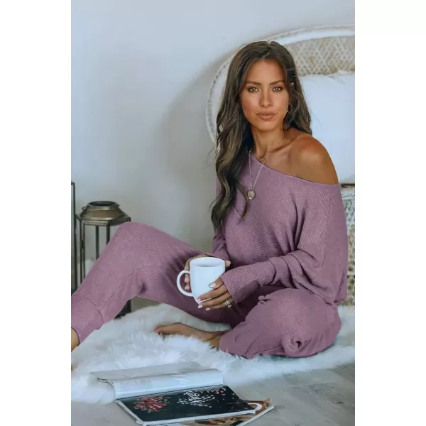 PRETTYGARDEN Womens 2 Piece Ribbed Tracksuit Outfits Off Shoulder Long Sleeve Pullover Lounge Pants with PocketsDeep Purple