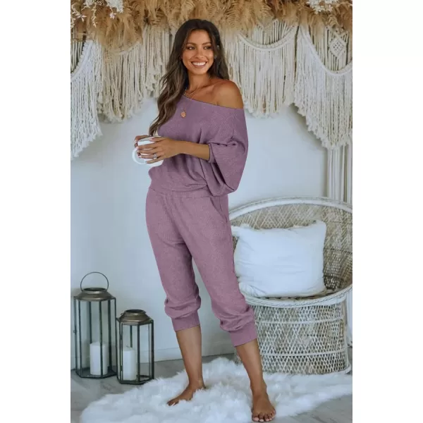 PRETTYGARDEN Womens 2 Piece Ribbed Tracksuit Outfits Off Shoulder Long Sleeve Pullover Lounge Pants with PocketsDeep Purple