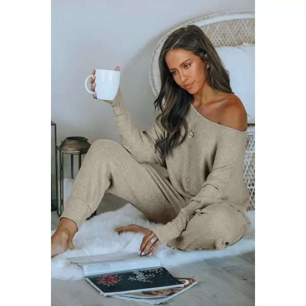 PRETTYGARDEN Womens 2 Piece Ribbed Tracksuit Outfits Off Shoulder Long Sleeve Pullover Lounge Pants with PocketsGrey