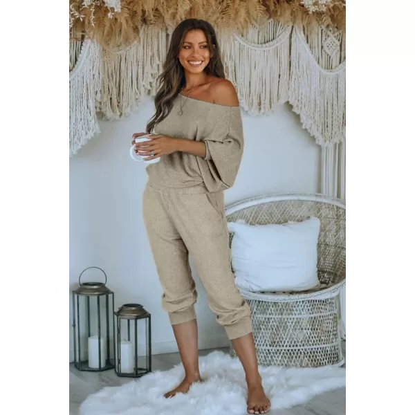 PRETTYGARDEN Womens 2 Piece Ribbed Tracksuit Outfits Off Shoulder Long Sleeve Pullover Lounge Pants with PocketsGrey