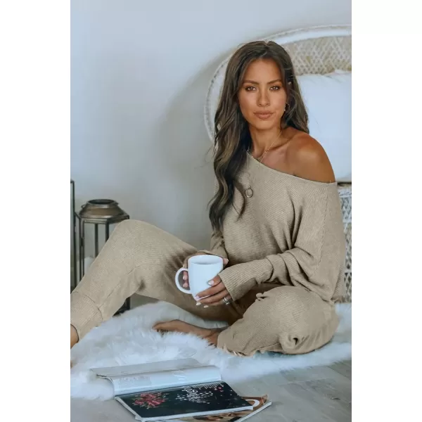 PRETTYGARDEN Womens 2 Piece Ribbed Tracksuit Outfits Off Shoulder Long Sleeve Pullover Lounge Pants with PocketsGrey