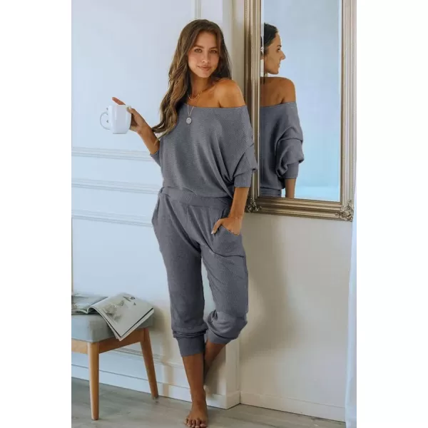 PRETTYGARDEN Womens 2 Piece Ribbed Tracksuit Outfits Off Shoulder Long Sleeve Pullover Lounge Pants with PocketsGrey Blue