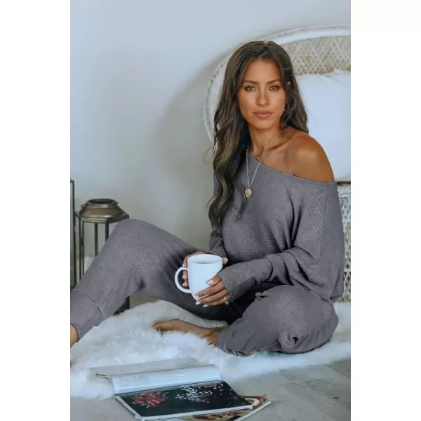 PRETTYGARDEN Womens 2 Piece Ribbed Tracksuit Outfits Off Shoulder Long Sleeve Pullover Lounge Pants with PocketsGrey Blue