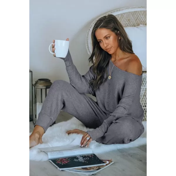 PRETTYGARDEN Womens 2 Piece Ribbed Tracksuit Outfits Off Shoulder Long Sleeve Pullover Lounge Pants with PocketsGrey Blue