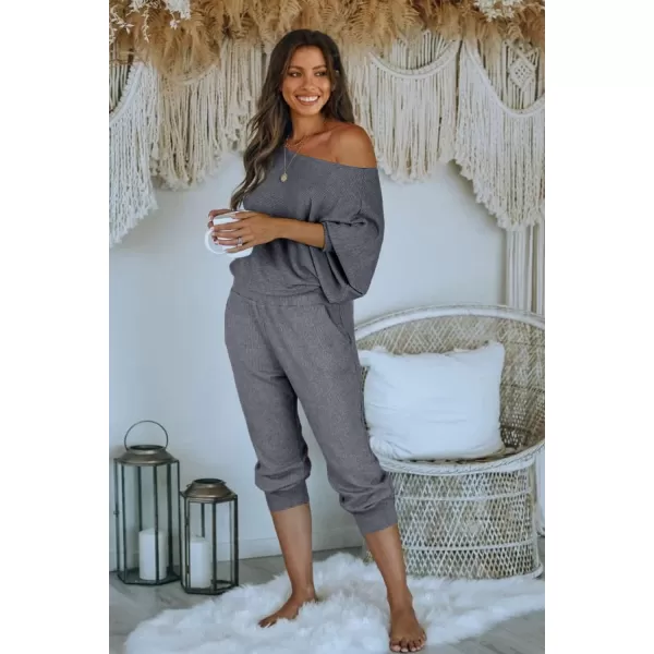 PRETTYGARDEN Womens 2 Piece Ribbed Tracksuit Outfits Off Shoulder Long Sleeve Pullover Lounge Pants with PocketsGrey Blue