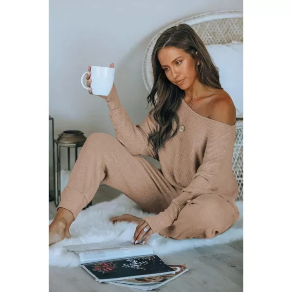 PRETTYGARDEN Womens 2 Piece Ribbed Tracksuit Outfits Off Shoulder Long Sleeve Pullover Lounge Pants with PocketsKhaki