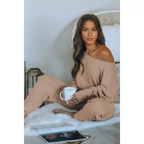 PRETTYGARDEN Womens 2 Piece Ribbed Tracksuit Outfits Off Shoulder Long Sleeve Pullover Lounge Pants with PocketsKhaki