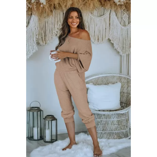 PRETTYGARDEN Womens 2 Piece Ribbed Tracksuit Outfits Off Shoulder Long Sleeve Pullover Lounge Pants with PocketsKhaki