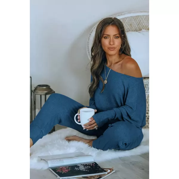 PRETTYGARDEN Womens 2 Piece Ribbed Tracksuit Outfits Off Shoulder Long Sleeve Pullover Lounge Pants with PocketsLake Blue