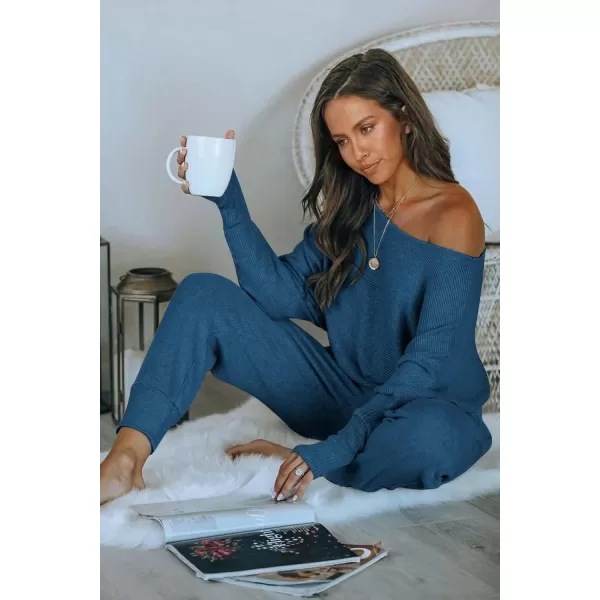 PRETTYGARDEN Womens 2 Piece Ribbed Tracksuit Outfits Off Shoulder Long Sleeve Pullover Lounge Pants with PocketsLake Blue