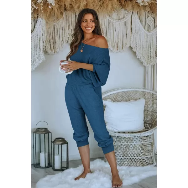 PRETTYGARDEN Womens 2 Piece Ribbed Tracksuit Outfits Off Shoulder Long Sleeve Pullover Lounge Pants with PocketsLake Blue