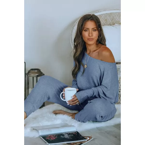 PRETTYGARDEN Womens 2 Piece Ribbed Tracksuit Outfits Off Shoulder Long Sleeve Pullover Lounge Pants with PocketsLight Blue