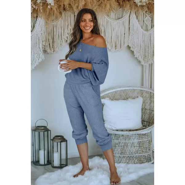 PRETTYGARDEN Womens 2 Piece Ribbed Tracksuit Outfits Off Shoulder Long Sleeve Pullover Lounge Pants with PocketsLight Blue