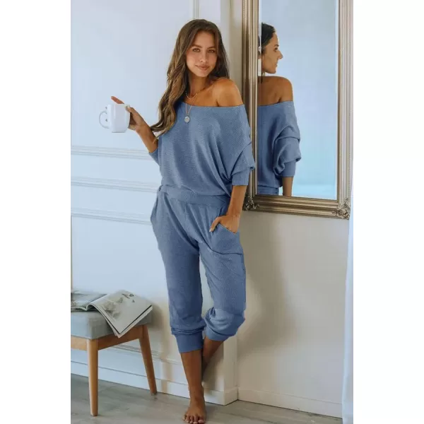 PRETTYGARDEN Womens 2 Piece Ribbed Tracksuit Outfits Off Shoulder Long Sleeve Pullover Lounge Pants with PocketsLight Blue