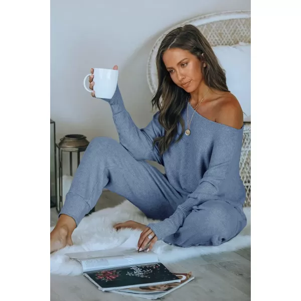 PRETTYGARDEN Womens 2 Piece Ribbed Tracksuit Outfits Off Shoulder Long Sleeve Pullover Lounge Pants with PocketsLight Blue