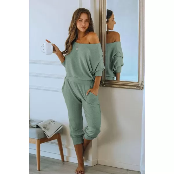 PRETTYGARDEN Womens 2 Piece Ribbed Tracksuit Outfits Off Shoulder Long Sleeve Pullover Lounge Pants with PocketsLight Green