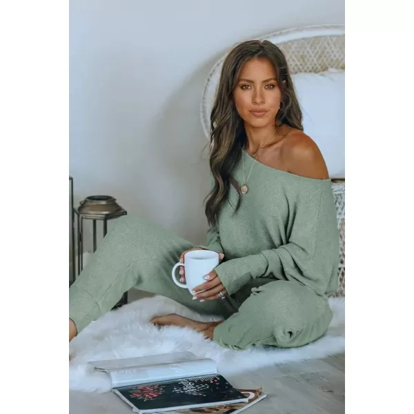 PRETTYGARDEN Womens 2 Piece Ribbed Tracksuit Outfits Off Shoulder Long Sleeve Pullover Lounge Pants with PocketsLight Green