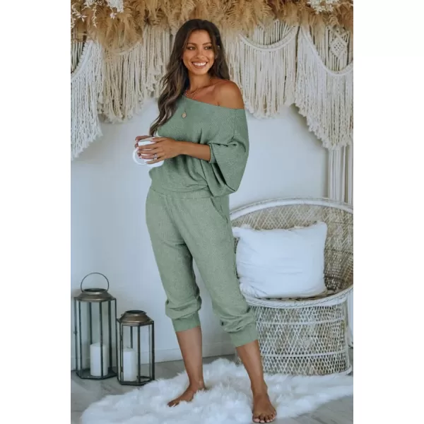 PRETTYGARDEN Womens 2 Piece Ribbed Tracksuit Outfits Off Shoulder Long Sleeve Pullover Lounge Pants with PocketsLight Green