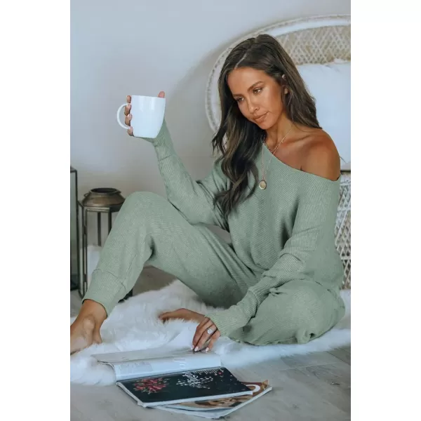 PRETTYGARDEN Womens 2 Piece Ribbed Tracksuit Outfits Off Shoulder Long Sleeve Pullover Lounge Pants with PocketsLight Green