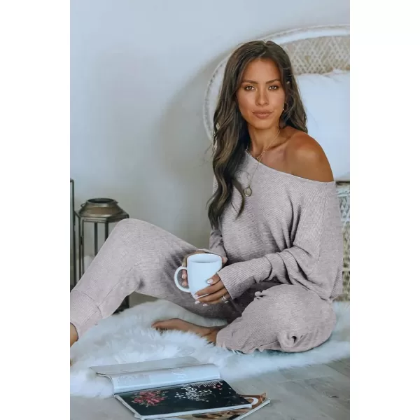 PRETTYGARDEN Womens 2 Piece Ribbed Tracksuit Outfits Off Shoulder Long Sleeve Pullover Lounge Pants with PocketsLight Grey