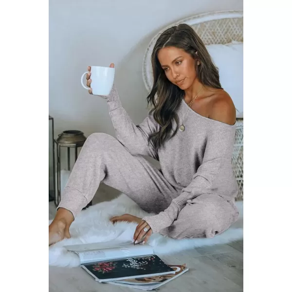 PRETTYGARDEN Womens 2 Piece Ribbed Tracksuit Outfits Off Shoulder Long Sleeve Pullover Lounge Pants with PocketsLight Grey