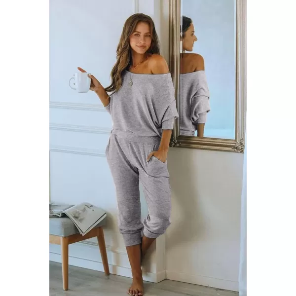 PRETTYGARDEN Womens 2 Piece Ribbed Tracksuit Outfits Off Shoulder Long Sleeve Pullover Lounge Pants with PocketsLight Grey