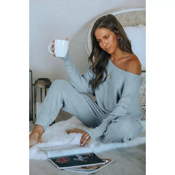 PRETTYGARDEN Womens 2 Piece Ribbed Tracksuit Outfits Off Shoulder Long Sleeve Pullover Lounge Pants with PocketsLight Grey Blue