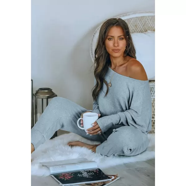PRETTYGARDEN Womens 2 Piece Ribbed Tracksuit Outfits Off Shoulder Long Sleeve Pullover Lounge Pants with PocketsLight Grey Blue