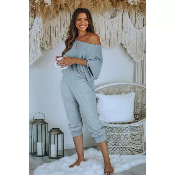 PRETTYGARDEN Womens 2 Piece Ribbed Tracksuit Outfits Off Shoulder Long Sleeve Pullover Lounge Pants with PocketsLight Grey Blue