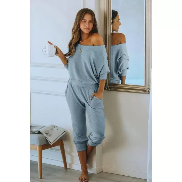 PRETTYGARDEN Womens 2 Piece Ribbed Tracksuit Outfits Off Shoulder Long Sleeve Pullover Lounge Pants with PocketsLight Grey Blue