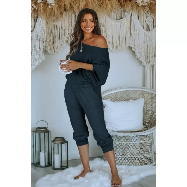 PRETTYGARDEN Womens 2 Piece Ribbed Tracksuit Outfits Off Shoulder Long Sleeve Pullover Lounge Pants with PocketsNavy
