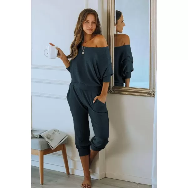 PRETTYGARDEN Womens 2 Piece Ribbed Tracksuit Outfits Off Shoulder Long Sleeve Pullover Lounge Pants with PocketsNavy
