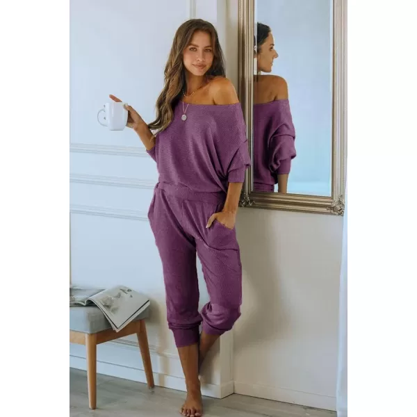 PRETTYGARDEN Womens 2 Piece Ribbed Tracksuit Outfits Off Shoulder Long Sleeve Pullover Lounge Pants with PocketsPurple Red