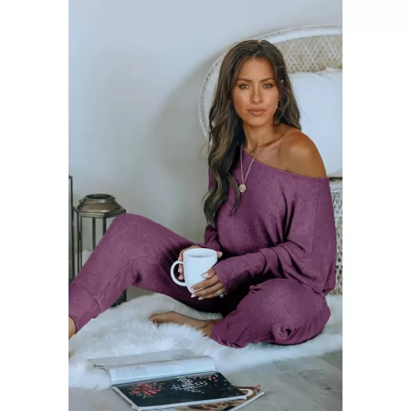 PRETTYGARDEN Womens 2 Piece Ribbed Tracksuit Outfits Off Shoulder Long Sleeve Pullover Lounge Pants with PocketsPurple Red