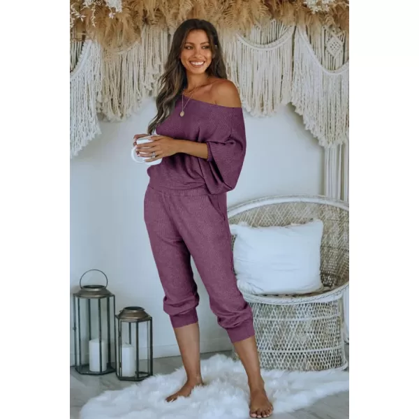 PRETTYGARDEN Womens 2 Piece Ribbed Tracksuit Outfits Off Shoulder Long Sleeve Pullover Lounge Pants with PocketsPurple Red