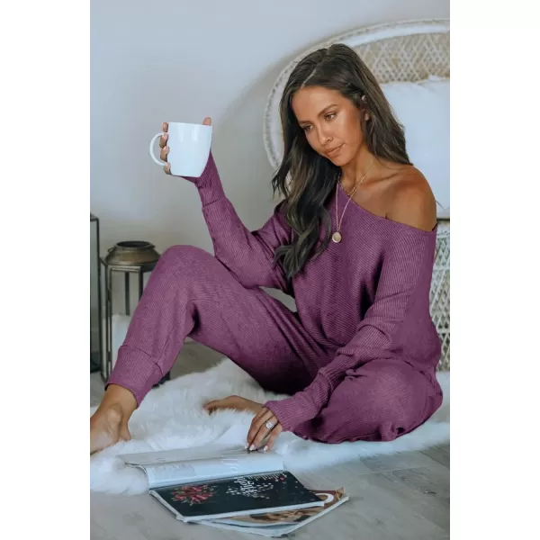 PRETTYGARDEN Womens 2 Piece Ribbed Tracksuit Outfits Off Shoulder Long Sleeve Pullover Lounge Pants with PocketsPurple Red