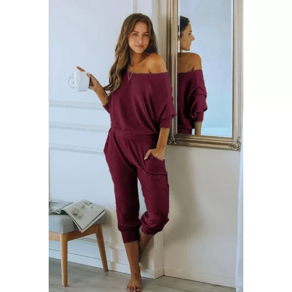 PRETTYGARDEN Womens 2 Piece Ribbed Tracksuit Outfits Off Shoulder Long Sleeve Pullover Lounge Pants with PocketsWine Red