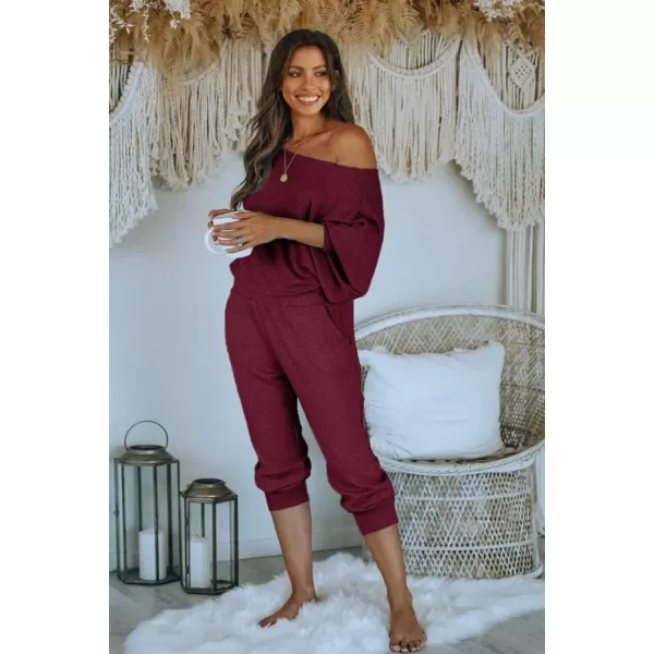 PRETTYGARDEN Womens 2 Piece Ribbed Tracksuit Outfits Off Shoulder Long Sleeve Pullover Lounge Pants with PocketsWine Red