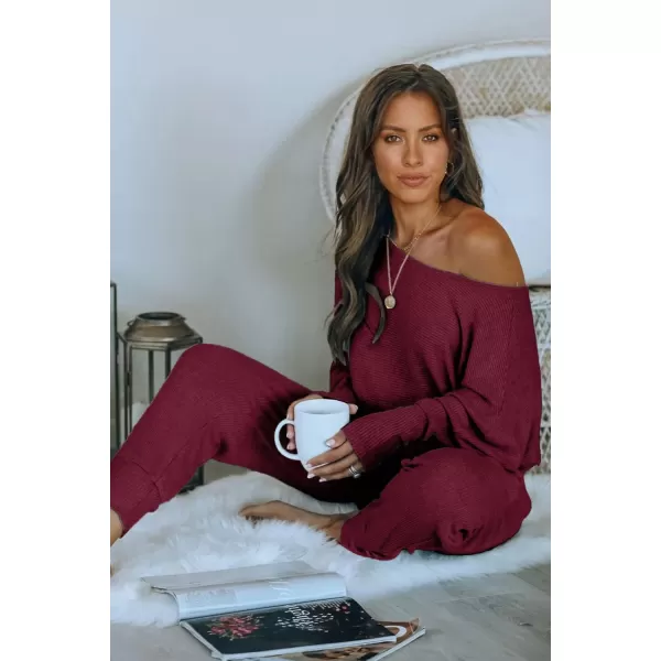 PRETTYGARDEN Womens 2 Piece Ribbed Tracksuit Outfits Off Shoulder Long Sleeve Pullover Lounge Pants with PocketsWine Red