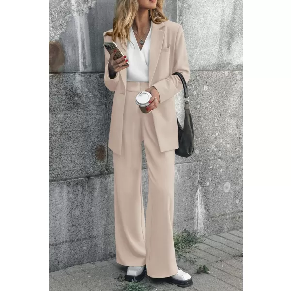 PRETTYGARDEN Womens 2024 Fall Two Piece Outfits Blazer Jacket and Wide Leg Pants Pockets Business Casual Suit SetsBeige